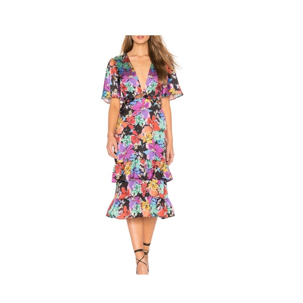 Tularosa Revole Floral Cut-Out Tiered Ruffle Midi Dress V-Neck Size L NEW